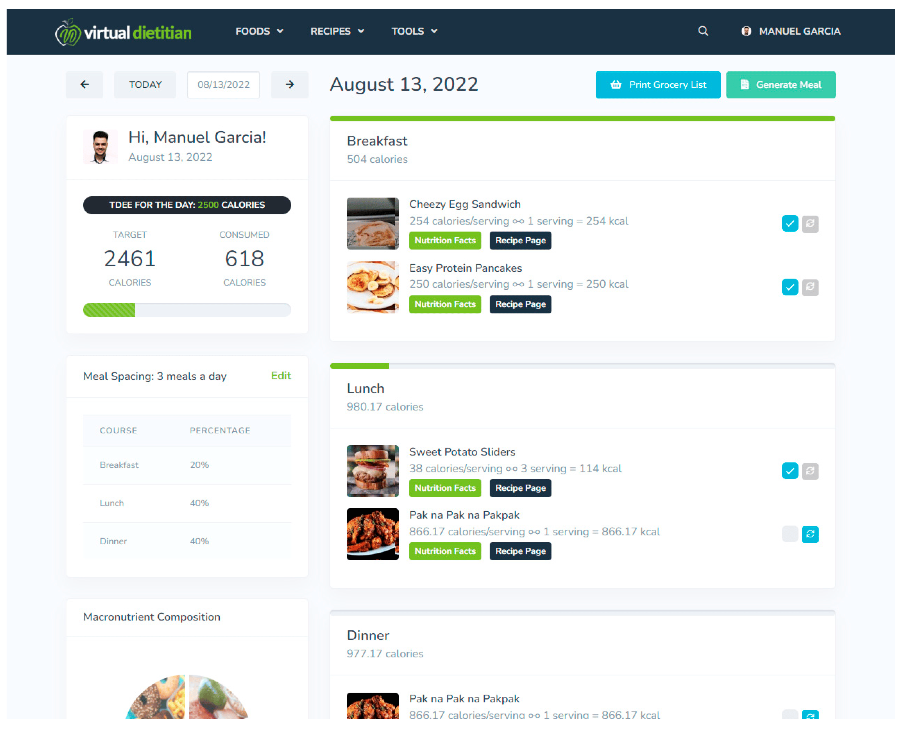 Food Diary Interface in the Virtual Dietitian Application