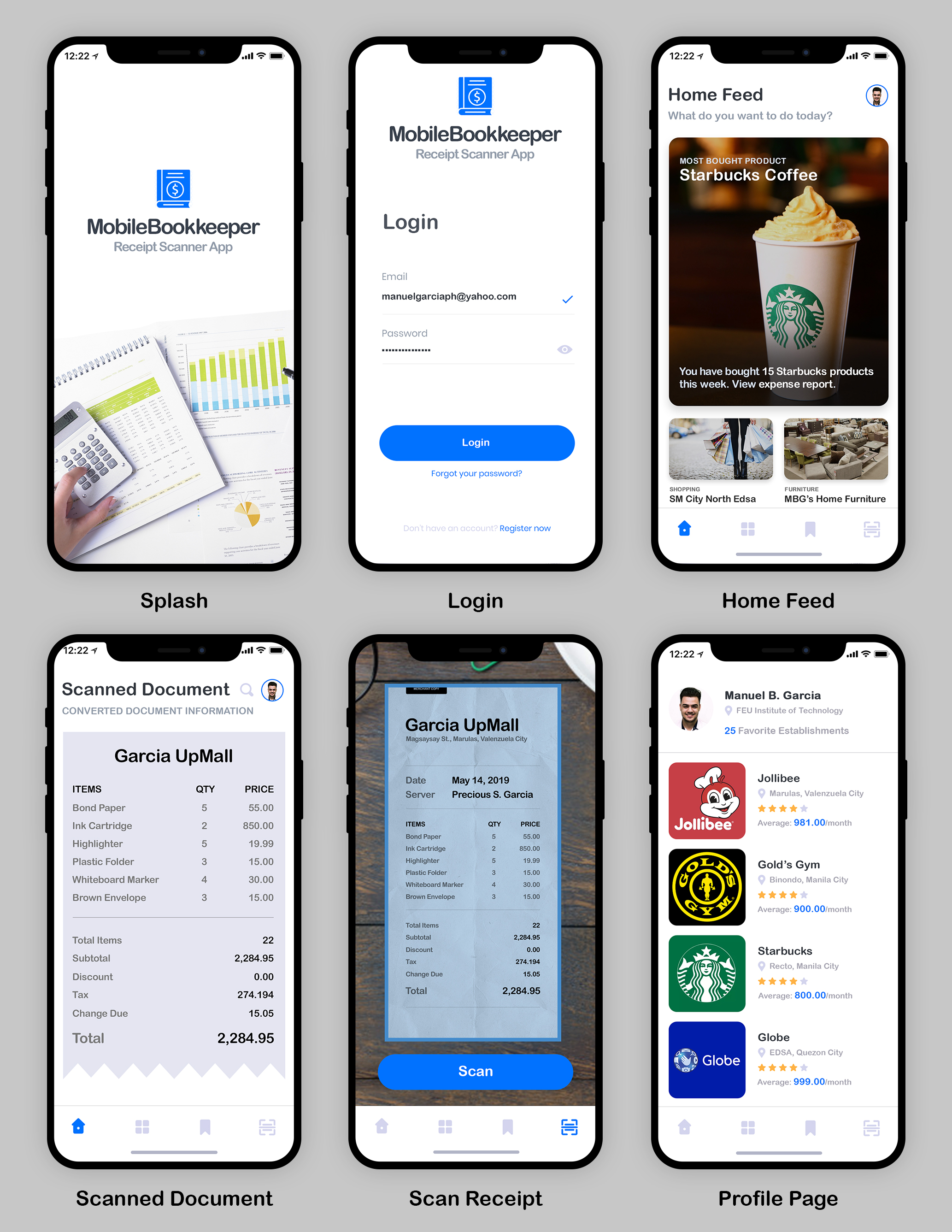 Mobile Bookkeeper App Screenshots: (1) Splash – a boot screen to be displayed when the application is loaded, (2) Login – a security layer that requires authentication from users, (3) Home Feed – displays the business locations and products as patronized by users, (4) Expense Report – the summary version of daily, weekly, or monthly expenses grouped into categories, (5) Scan Receipt – conversion of text on paper to digital format using Optical Character Recognition, and (6) Profile Page – displays your most favorite brands and businesses, and your expenses in it
