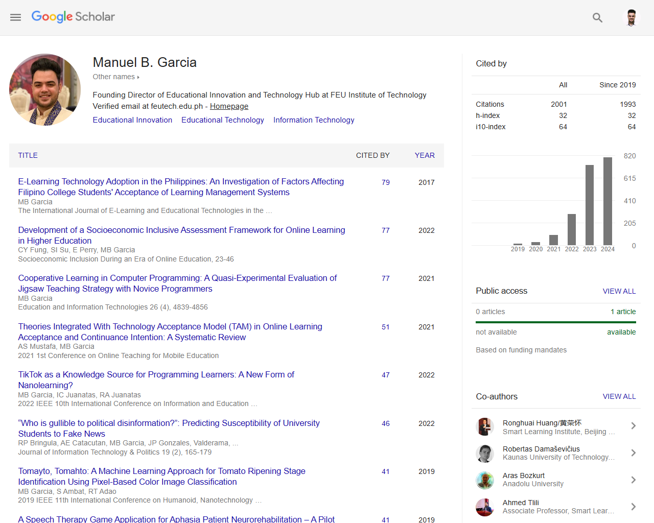 Dr. Manuel B. Garcia's Google Scholar page showing 2000 citations milestone